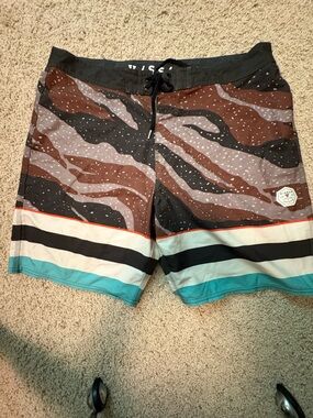 VISSLA Brown Black Teal Striped Men's Boardshorts